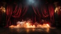 Dramatic Theater Stage With Red Velvet Curtains On Fire. Generative AI