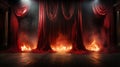 Engulfed In Flames Theatre Stage With Red Velvet Curtains On Fire. Generative AI
