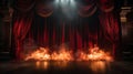 Flaming Theatre Stage With Red Velvet Curtains On Fire. Generative AI