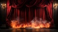 Dramatic Stage Theater With Red Velvet Curtains On Fire. Generative AI