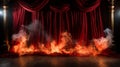 Dramtic Flames On A Theatre Stage With Red Velvet Curtains On Fire. Generative AI