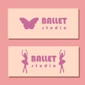 Theatre ticket design. Ballet school flyer template. Ballerina silhouette in the tutu and pointe shoe with butterfly