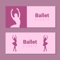 Theatre ticket design. Ballet school flyer template. Ballerina silhouette in the tutu and pointe shoe. Pink and purple