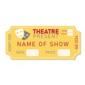 Theatre ticket. Yellow ticket template isolated on white background