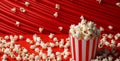 picture blue box film cinema background motion popcorn food bucket corn red. Generative AI.