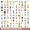 100 theatrical actor icons set, flat style