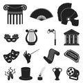 Theatrical art black icons in set collection for design.Theater equipment and accessories vector symbol stock web