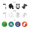 Theatrical binoculars, a helmet, a harp and a paper scroll. The theater set collection icons in black,flat,outline style