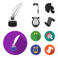 Theatrical binoculars, a helmet, a harp and a paper scroll. The theater set collection icons in black, flat style vector
