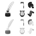 Theatrical binoculars, a helmet, a harp and a paper scroll. The theater set collection icons in black,monochrom style