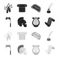 Theatrical binoculars, a helmet, a harp and a paper scroll. The theater set collection icons in black,monochrome style