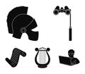 Theatrical binoculars, a helmet, a harp and a paper scroll. The theater set collection icons in black style vector