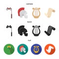 Theatrical binoculars, a helmet, a harp and a paper scroll. The theater set collection icons in cartoon,black,flat style