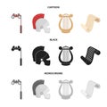 Theatrical binoculars, a helmet, a harp and a paper scroll. The theater set collection icons in cartoon,black,monochrome