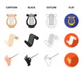 Theatrical binoculars, a helmet, a harp and a paper scroll. The theater set collection icons in cartoon,black,outline