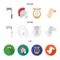 Theatrical binoculars, a helmet, a harp and a paper scroll. The theater set collection icons in cartoon,outline,flat