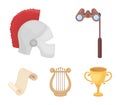 Theatrical binoculars, a helmet, a harp and a paper scroll. The theater set collection icons in cartoon style vector