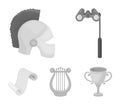 Theatrical binoculars, a helmet, a harp and a paper scroll. The theater set collection icons in monochrome style vector