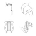 Theatrical binoculars, a helmet, a harp and a paper scroll. The theater set collection icons in outline style vector