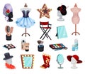 Theatrical dressing room objects set. Dress on mannequin, table mirror, cosmetics, wig, hat and accessories cartoon Royalty Free Stock Photo