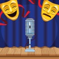 Theatrical masks microphone curtain wooden floor stand up comedy show