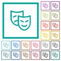 Theatrical masks outline flat color icons with quadrant frames