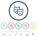 Theatrical masks outline flat color icons in round outlines