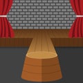 Theatrical Scene Vector. Performance. Stage Podium. Red Velvet Curtains. Event Show. Wooden Floor. Flat Cartoon Illustration for Royalty Free Stock Photo