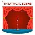 Theatrical Scene Vector. Performane. Stage Podium. Red Velvet Curtains. Event Show. Isolated Flat Cartoon Illustration Royalty Free Stock Photo