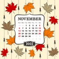 Thematic template for a calendar for 2022. The month of November