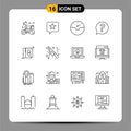 16 User Interface Outline Pack of modern Signs and Symbols of elevator door, social, star, question, chat