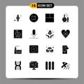 16 Thematic Vector Solid Glyphs and Editable Symbols of audio, vector, analysis, screen, test