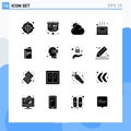 16 Thematic Vector Solid Glyphs and Editable Symbols of brochure, menu, cloud, room, bath Royalty Free Stock Photo
