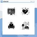 4 Thematic Vector Solid Glyphs and Editable Symbols of computer, cinema, online shopping, heart, media