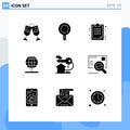 9 Thematic Vector Solid Glyphs and Editable Symbols of house, world, plan, stand, globe