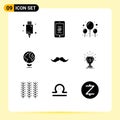 9 Thematic Vector Solid Glyphs and Editable Symbols of movember, moustache, phone, globe, eco