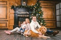 Theme Christmas and New Year family circle. Young Caucasian family with 1 year old child dog breed Labrador Golden Retriever Royalty Free Stock Photo