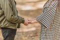Cropped photo of couple in love holding hands in autumn nature with sunrays everywhere. Royalty Free Stock Photo