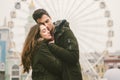 Theme love and holiday Valentines Day. pair of Caucasian heterosexual lovers in winter together gloomy weather embrace Royalty Free Stock Photo