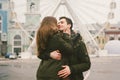 Theme love and holiday Valentines Day. pair of Caucasian heterosexual lovers in winter together gloomy weather embrace Royalty Free Stock Photo