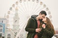 Theme love and holiday Valentines Day. pair of Caucasian heterosexual lovers in winter together gloomy weather embrace Royalty Free Stock Photo