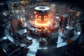 Theme of nuclear fusion. Large experimental setup in a laboratory with plasma being generated at high temperatures