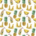 Large watercolor seamless pattern of a bathing suit, jars of lemonade, pineapple. Royalty Free Stock Photo