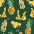 Watercolor seamless pattern of a bathing suit, jars of lemonade, pineapple. Royalty Free Stock Photo