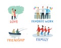 Themed hand-drawn icons Love, Favorite Work, Friendship, Family Royalty Free Stock Photo