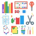 Themed kids creativity creation symbols poster in flat style with artistic objects for children art school fest unusual