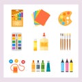 Themed kids creativity creation symbols poster in flat style with artistic objects for children art school fest unusual