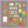 Themed kids creativity creation symbols poster in flat style with artistic objects for children art school fest unusual Royalty Free Stock Photo