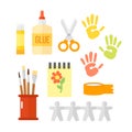 Themed kids creativity creation symbols poster in flat style with artistic objects for children art school fest unusual