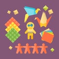 Themed kids origami creativity creation symbols poster in flat style with artistic objects for children art school fest Royalty Free Stock Photo